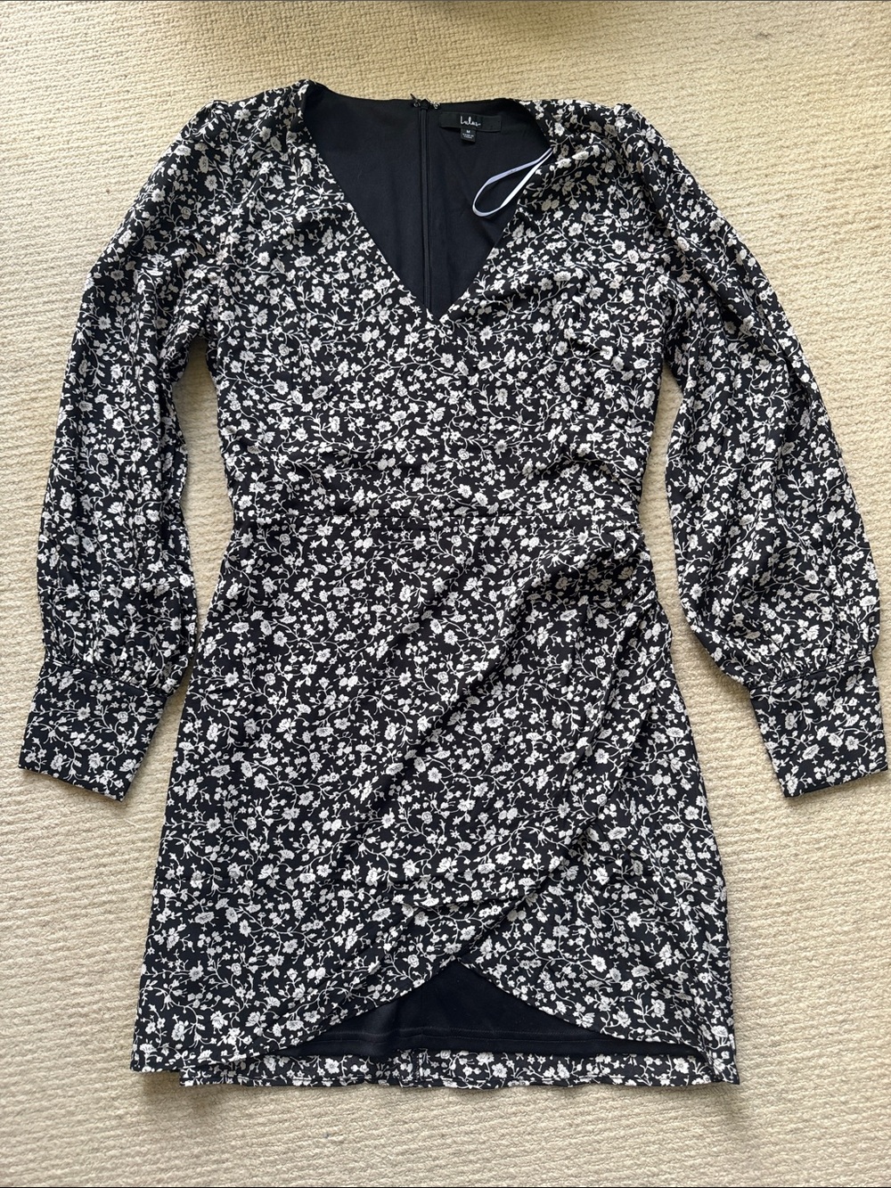 Lulu's Fall Into You Black Floral Print Long Sleeve Faux-Wrap Dress